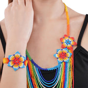 Flower Beaded Jewelry Set: Multicolor Seed Bead Necklace, Bracelet & Earrings